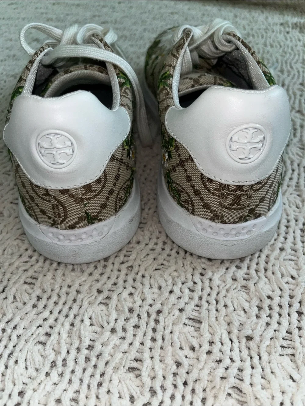 Tory Burch Beige Floral Logo Canvas Sneakers with White Trim
